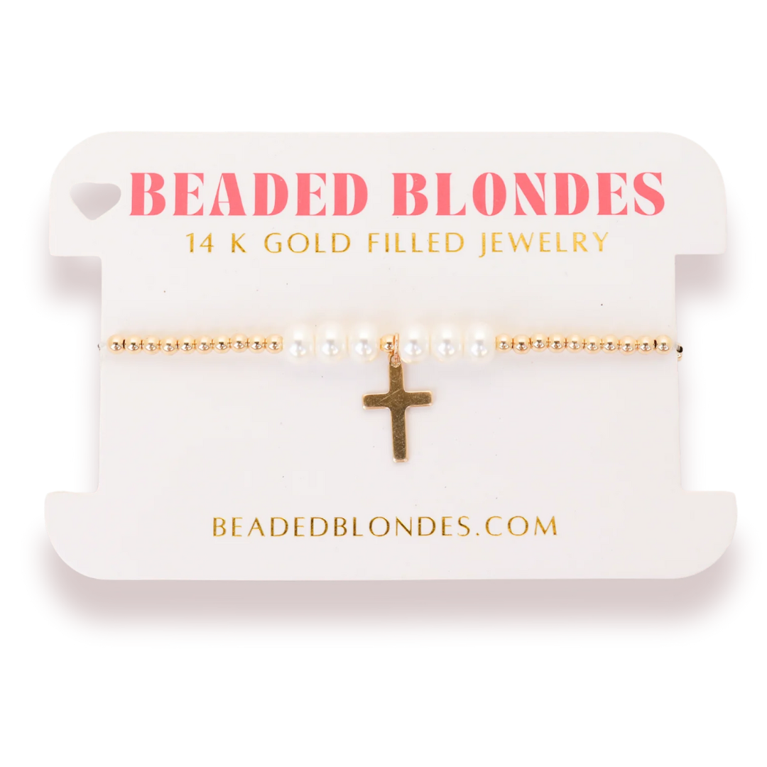 Cross + Pearl Gold Charm Bracelet