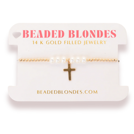 Cross + Pearl Gold Charm Bracelet