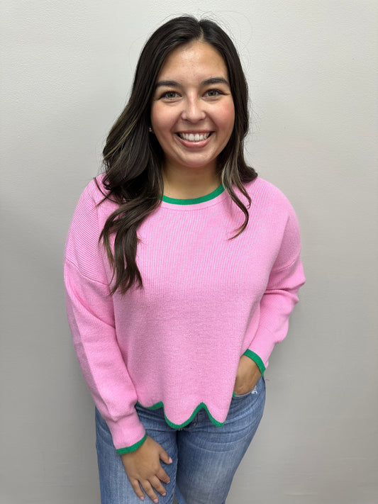 Pink Green Scallop Sweater