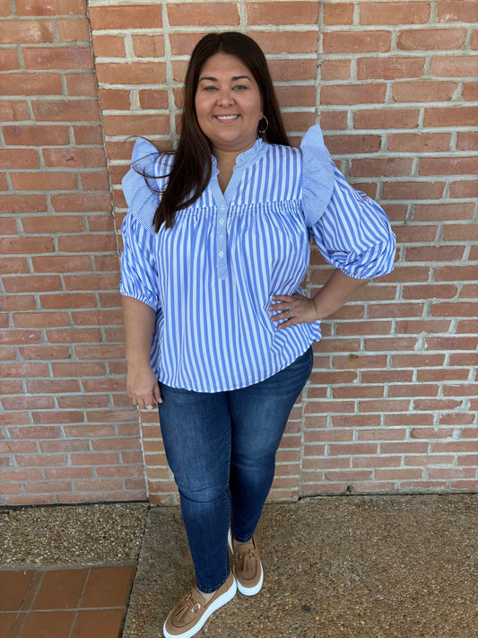 Ruffle Blue White Stripe Top