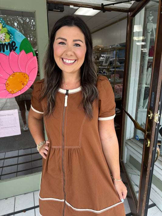 Brown Denim Zip Up Dress