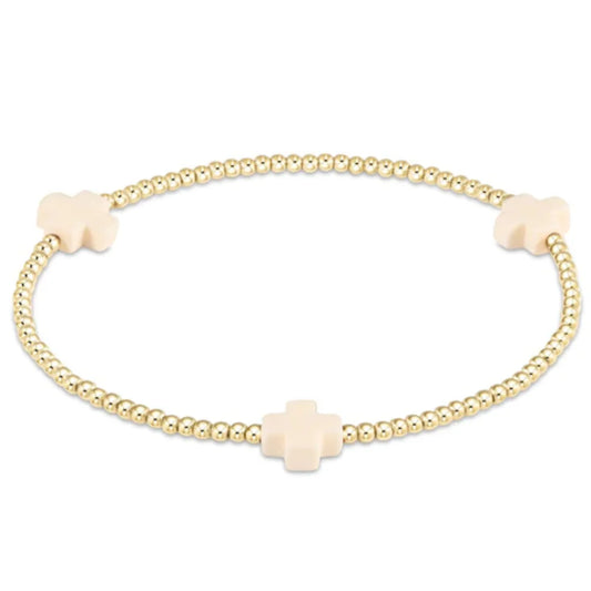 signature cross gold pattern 2mm bead bracelet- Regular White